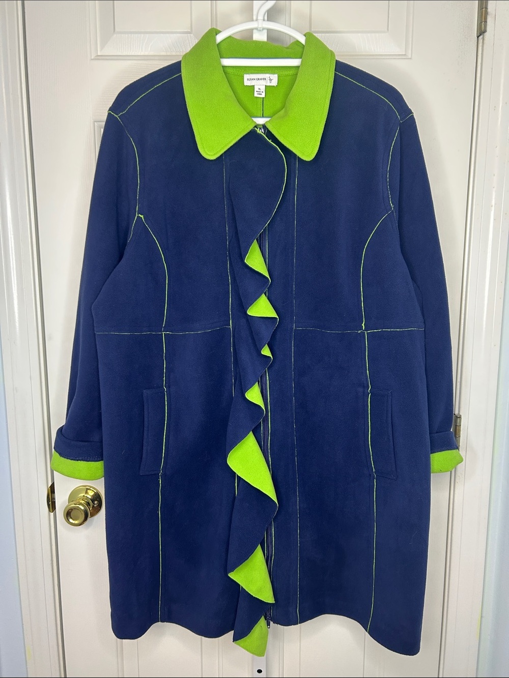 Susan Graver Weekend Fleece Navy Blue Pea Coat with Lime Green Trim Size XL